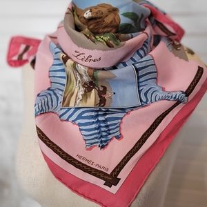 [Hermes] LA Chasse En Afrique Pink Scarf 100% Silk